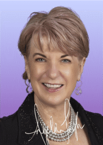 Angela Legh with her signature on the photo