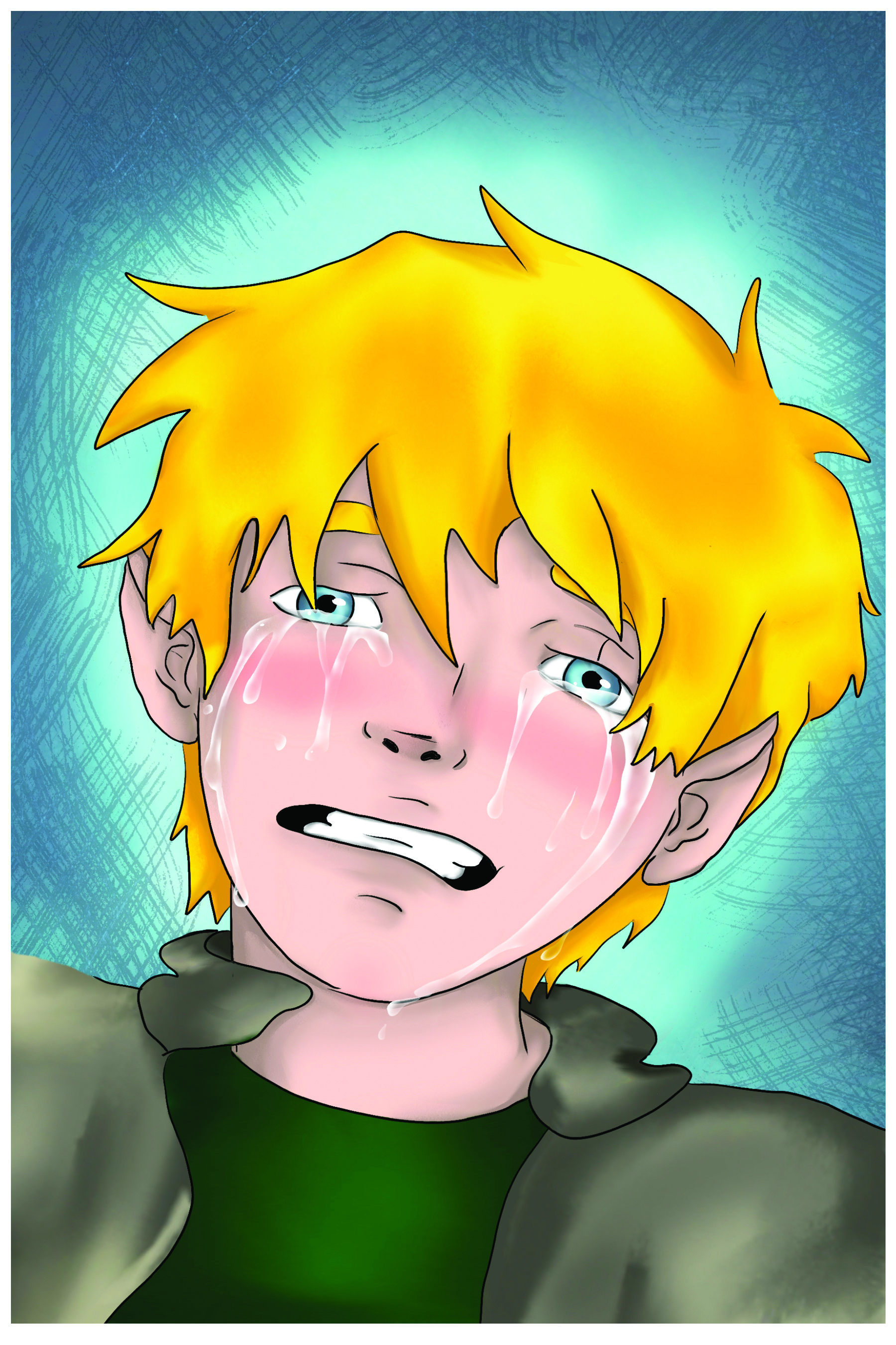 Novaq, a blond fairy boy, with tears running down his face